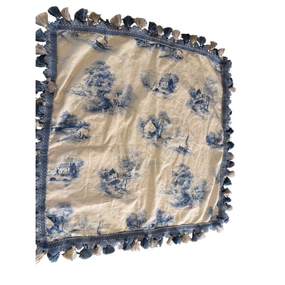 VTG Blue Toile Sm Side Table Cloth lined Tassel Trim Custom made 27in square - Picture 1 of 9